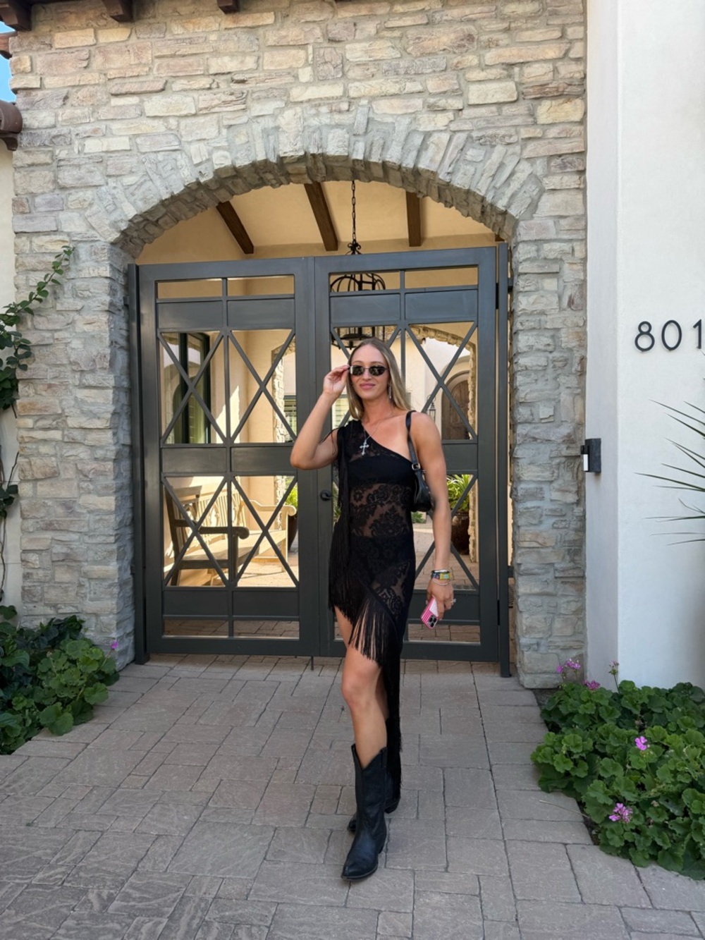 Black Lace Fringe Asymmetric Dress - Picture 4 of 5